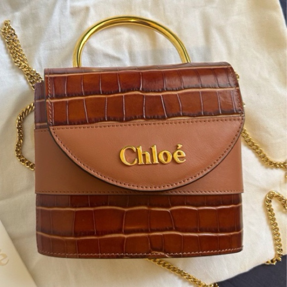 CHLOE
Aby Lock Small Embossed/Calfskin Leather Chain Shoulder Bag Brown - Picture 14 of 16